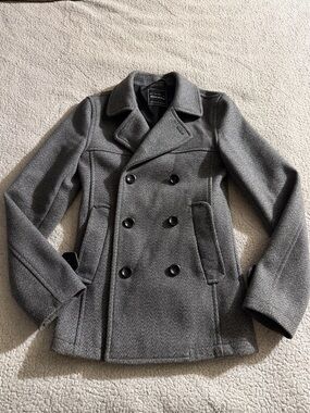 Topman Charcoal Double-Breasted Wool Blend Pea Coat Size XS